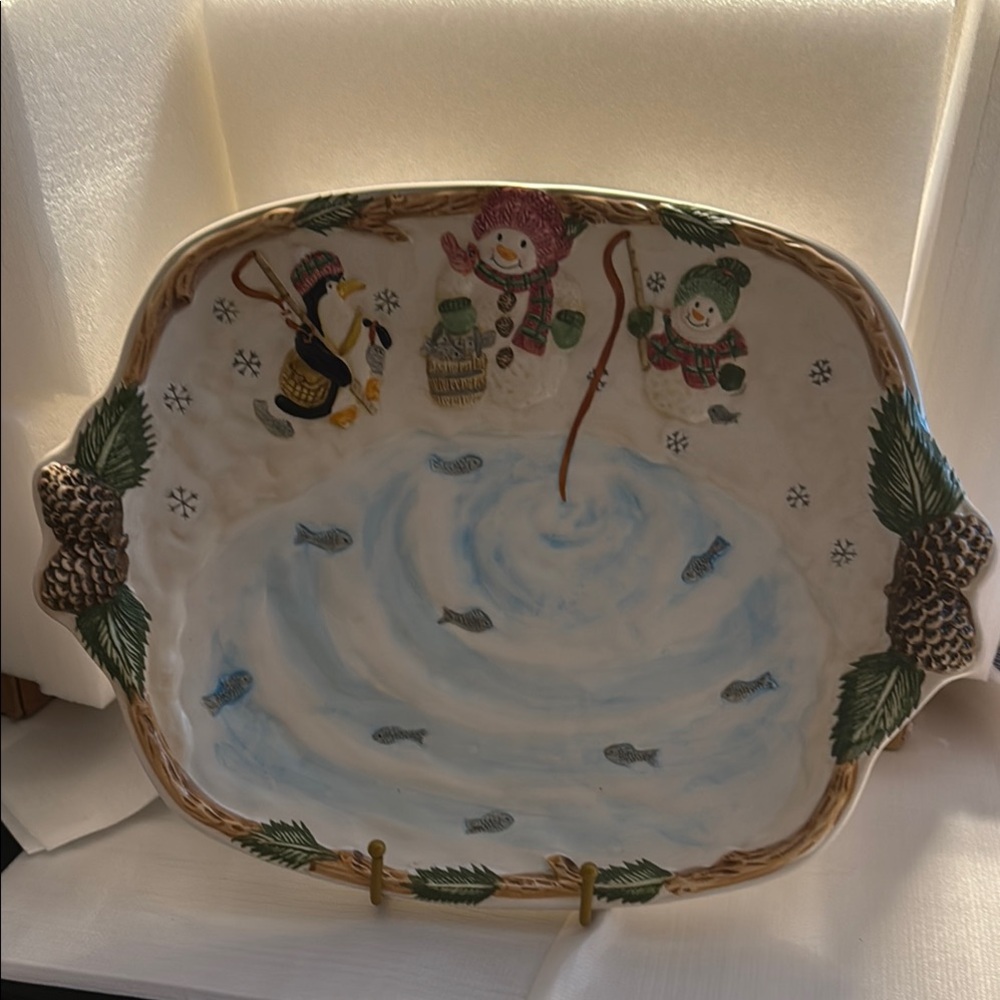 Festive Snowman and Penguin Ceramic Platter